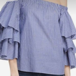 NWT Romeo & Juliet Couture Ruffle Off Shoulder Blue & White Top size small